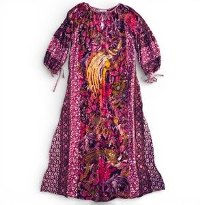 D’Ascoli Silk Maxi Dress Bird Print Pink Purple Size Medium Boho